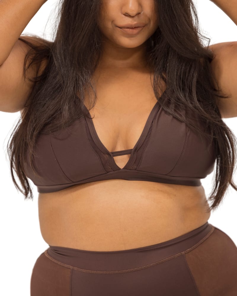 Front of a model wearing a size 3X Nude Shade Full Coverage Bralette in Espresso by Naked Rebellion. | dia_product_style_image_id:327721